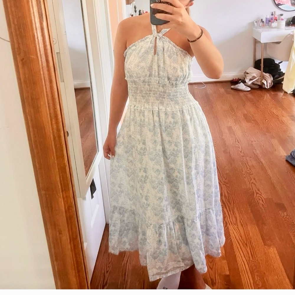 Floral Blue Dress with Halter Neckline